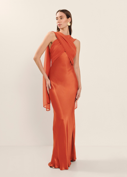 Vestido largo de satén con espalda descubierta y corte al bies Cecillia 