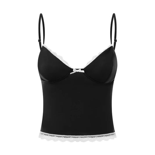 y2k Lace Trim Crop Top Women Summer Sexy V Neck Spaghetti Strap Sleeveless Tanks with Bow 2000s Clothing Streetwear