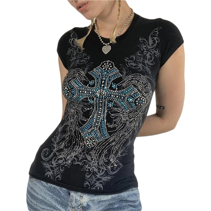 Rhinestone T Shirt y2k Aesthetic Fairy Grunge Cross Wings Pattern Short Sleeve Tops Casual Graphic Tee 2000s Streetwear