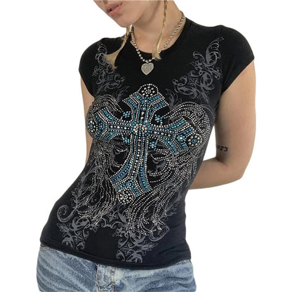 Rhinestone T Shirt y2k Aesthetic Fairy Grunge Cross Wings Pattern Short Sleeve Tops Casual Graphic Tee 2000s Streetwear