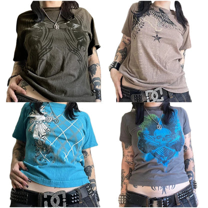 Camiseta Cyber Y2K de los años 2000 para mujer, con estampado de calavera, cuello redondo, manga corta, ropa estética para chicas E, ropa gótica para centro comercial, ropa urbana