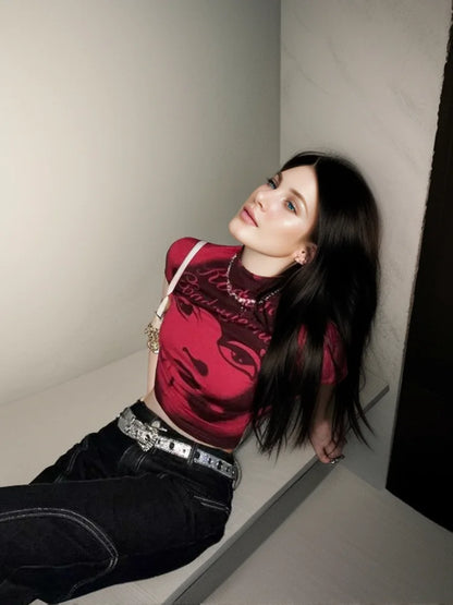 Camiseta estética de manga corta, ropa de verano Y2k, tops cortos góticos para chica, estampado vintage, camiseta informal para bebé, ropa de calle