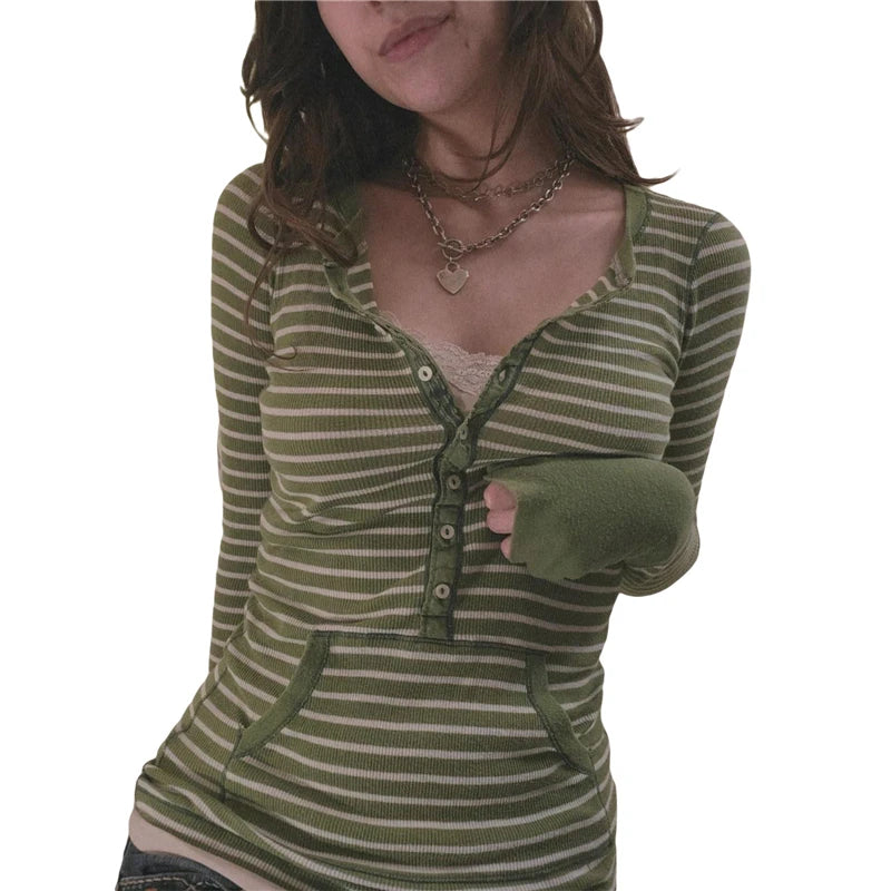 Camisetas a rayas para mujer, camisetas de manga larga con cuello en V y botones con bolsillo, ropa grunge de hadas de los años 2000, ropa urbana vintage