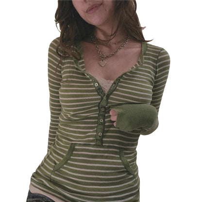 Camisetas a rayas para mujer, camisetas de manga larga con cuello en V y botones con bolsillo, ropa grunge de hadas de los años 2000, ropa urbana vintage