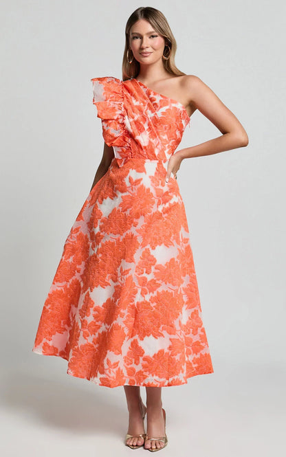 Alfreda Midi Dress One Shoulder Ruffle Detail Brailey Jacquard Dress in Orange