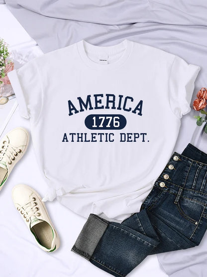 Camiseta deportiva informal con letras del Departamento Atlético América 1776 para mujer, estilo hip hop, suave y transpirable.