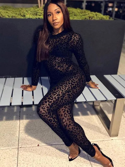 Bodystocking de malla Animal Instinct con estampado de leopardo y terciopelo transparente, mono de manga larga para mujer, ropa de club sexy de medianoche