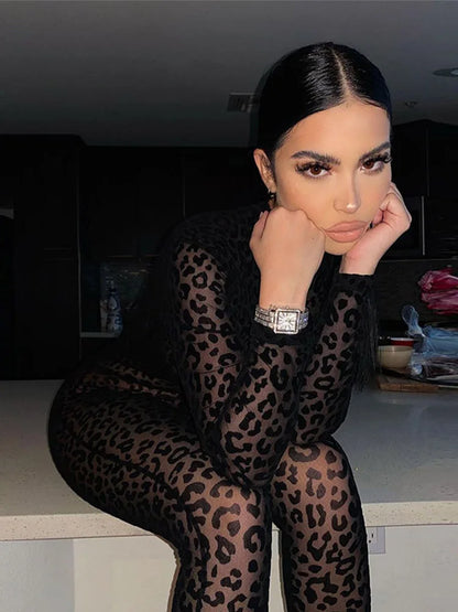 Bodystocking de malla Animal Instinct con estampado de leopardo y terciopelo transparente, mono de manga larga para mujer, ropa de club sexy de medianoche
