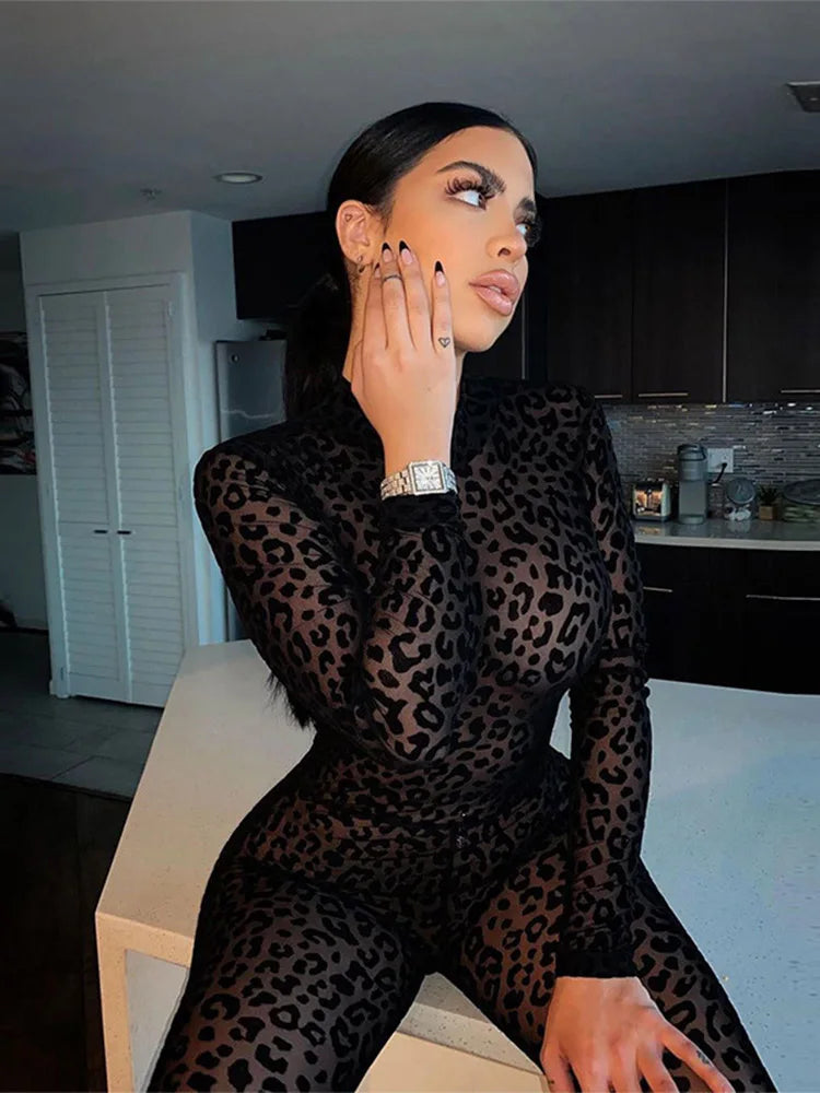 Bodystocking de malla Animal Instinct con estampado de leopardo y terciopelo transparente, mono de manga larga para mujer, ropa de club sexy de medianoche