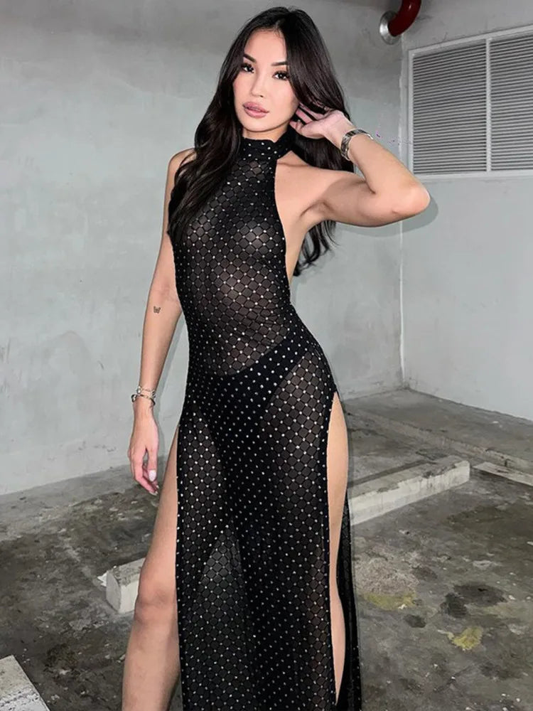 Artica Sexy Backless Slit Perspective Dress For Women Hanging Neck Bodycon Elegant Evening Dress Female Slim Party NightClubwear