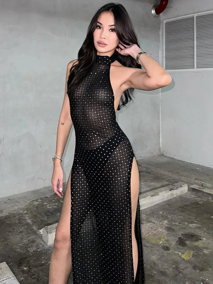 Artica Sexy Backless Slit Perspective Dress For Women Hanging Neck Bodycon Elegant Evening Dress Female Slim Party NightClubwear