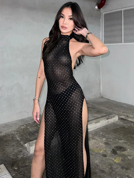 Vestido Artica sexy con espalda descubierta y abertura en la perspectiva para mujer, cuello colgante, ajustado, elegante, de noche, para fiesta y discoteca.