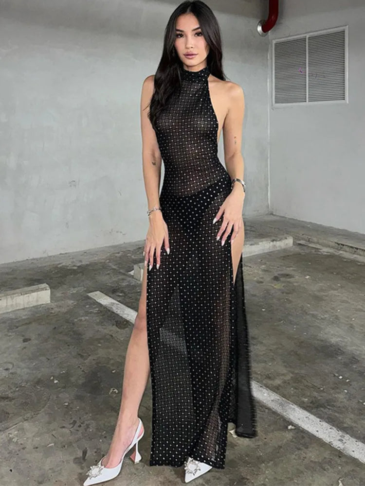 Artica Sexy Backless Slit Perspective Dress For Women Hanging Neck Bodycon Elegant Evening Dress Female Slim Party NightClubwear