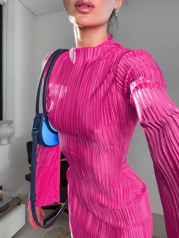 Vestido plisado de manga larga para mujer, vestido ajustado con cuello en V, elegante, para fiesta y club, otoño e invierno, nuevo