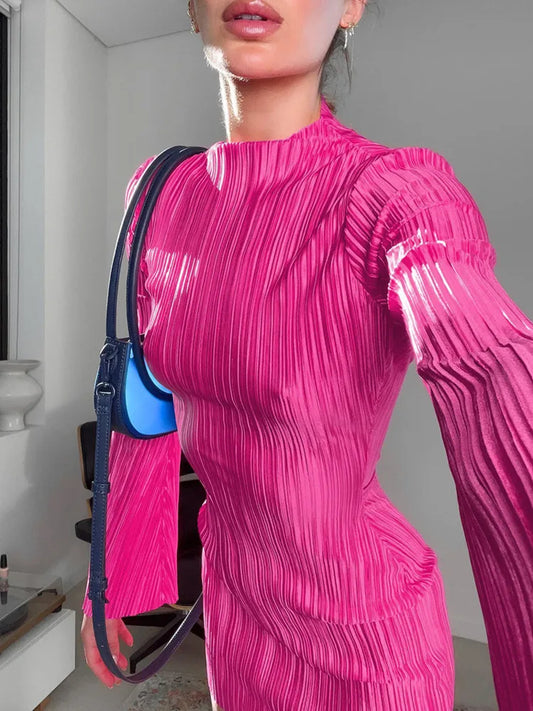 Vestido plisado de manga larga para mujer, vestido ajustado con cuello en V, elegante, para fiesta y club, otoño e invierno, nuevo