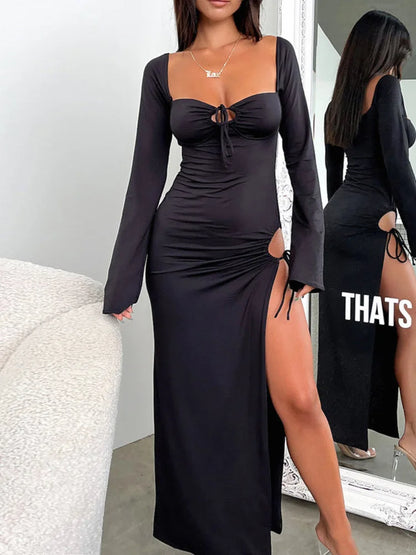 Autumn/Winter Women’s New Long Sleeve Dress Lace up Slim Fit Open Back Bodycon Long Dress Party Club Clothing