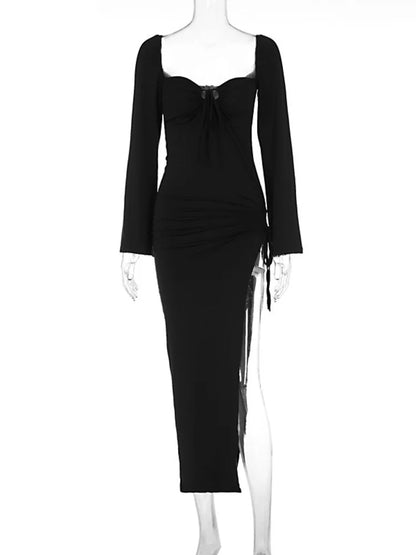 Autumn/Winter Women’s New Long Sleeve Dress Lace up Slim Fit Open Back Bodycon Long Dress Party Club Clothing