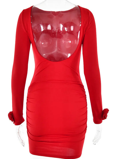 Vestido ajustado de manga larga de otoño para mujer, minivestido sexy ajustado con espalda descubierta y pliegues para fiesta y club de noche.