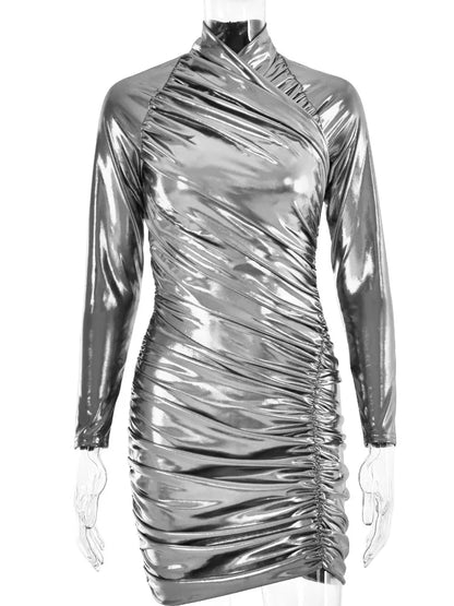 Autumn Leather Long Sleeve Pleated Dress For Women Zipper Tight Irregular Female Dress Party Club Sheath Vestidos