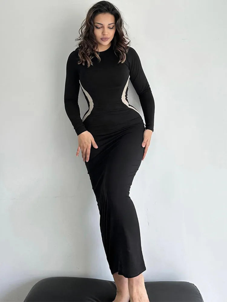Vestido de otoño de manga larga elástica con mangas a los dedos para mujer, vestido ajustado por debajo de la rodilla para discoteca, vestidos de fiesta, ropa de calle