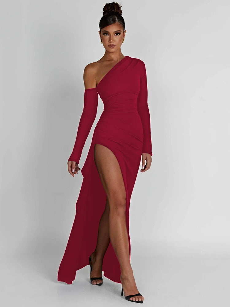 Autumn Sexy Fashion Long Sleeve High Split Women’s Dress Oblique Shoulder Elegant Party Club Long Slim Fit Evening Dress