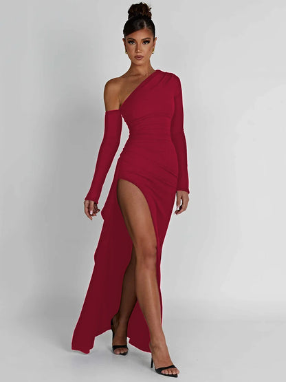 Autumn Sexy Fashion Long Sleeve High Split Women’s Dress Oblique Shoulder Elegant Party Club Long Slim Fit Evening Dress
