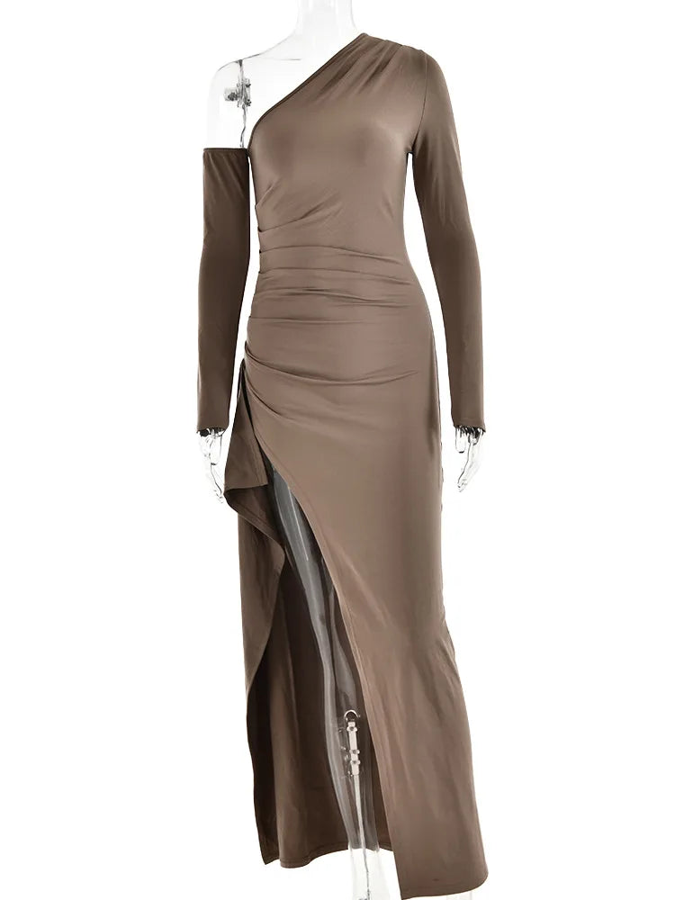 Autumn Sexy Fashion Long Sleeve High Split Women’s Dress Oblique Shoulder Elegant Party Club Long Slim Fit Evening Dress