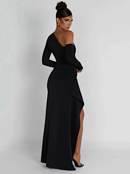 Autumn Sexy Fashion Long Sleeve High Split Women’s Dress Oblique Shoulder Elegant Party Club Long Slim Fit Evening Dress