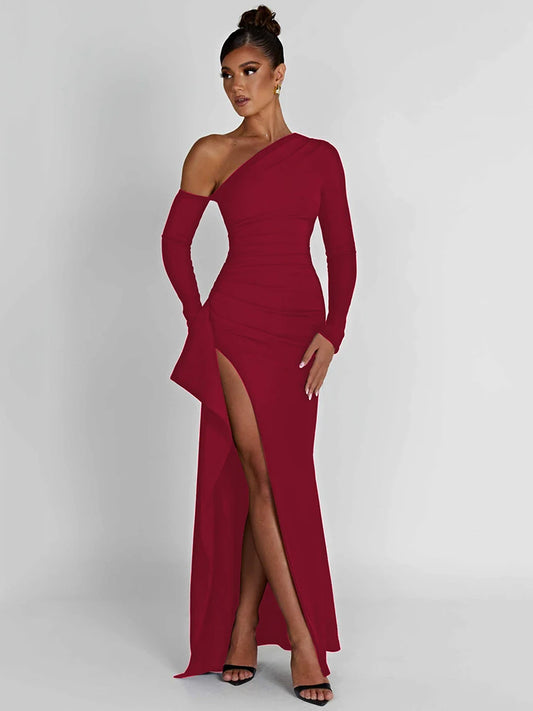 Vestido de otoño sexy de manga larga con abertura alta para mujer, vestido de noche elegante con hombros oblicuos para fiesta y club, corte largo y ajustado