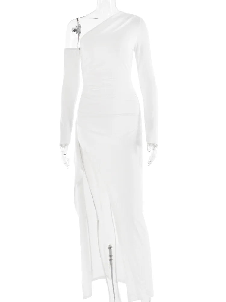 Autumn Sexy Fashion Long Sleeve High Split Women’s Dress Oblique Shoulder Elegant Party Club Long Slim Fit Evening Dress