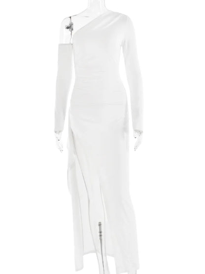 Autumn Sexy Fashion Long Sleeve High Split Women’s Dress Oblique Shoulder Elegant Party Club Long Slim Fit Evening Dress