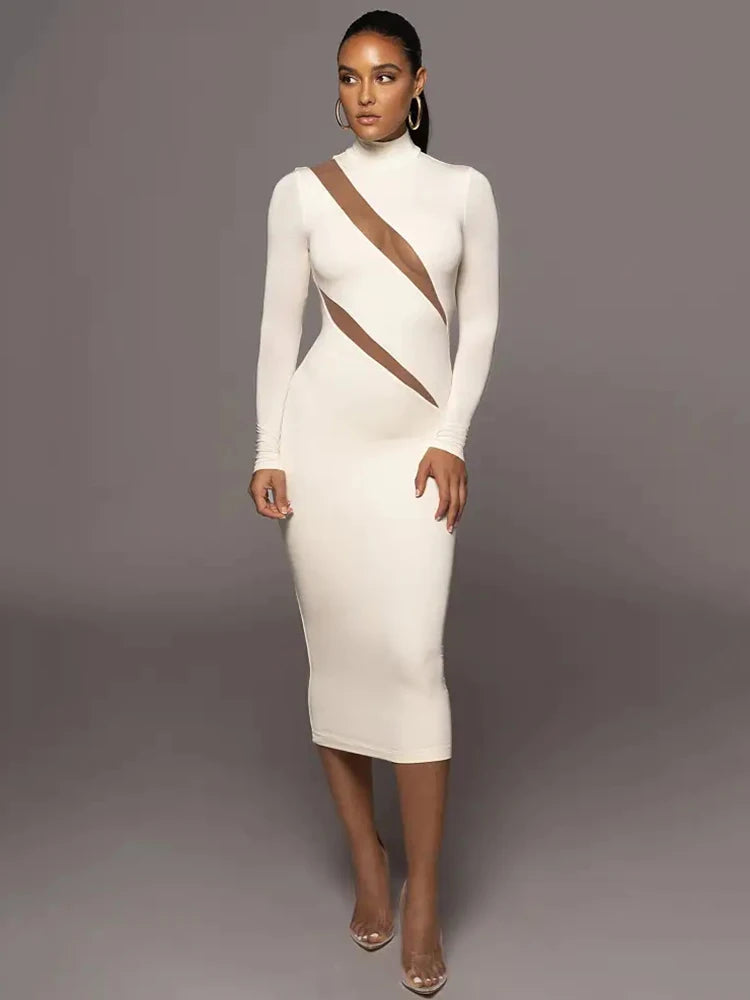 Autumn/Winter Long Sleeve Mesh Patchwork Dress Women’s Perspective Bodycon Midi Dress Female Elegant Party Evening Dress