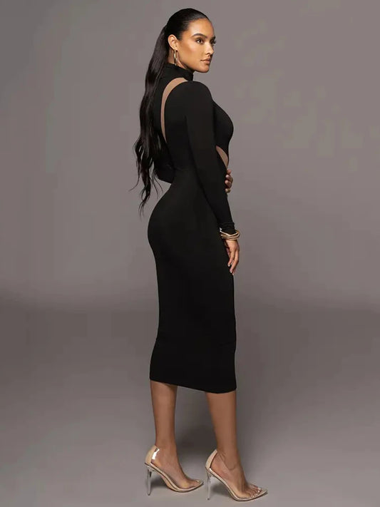 Autumn/Winter Long Sleeve Mesh Patchwork Dress Women’s Perspective Bodycon Midi Dress Female Elegant Party Evening Dress