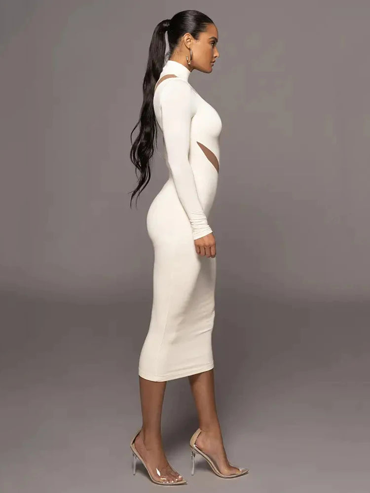 Autumn/Winter Long Sleeve Mesh Patchwork Dress Women’s Perspective Bodycon Midi Dress Female Elegant Party Evening Dress