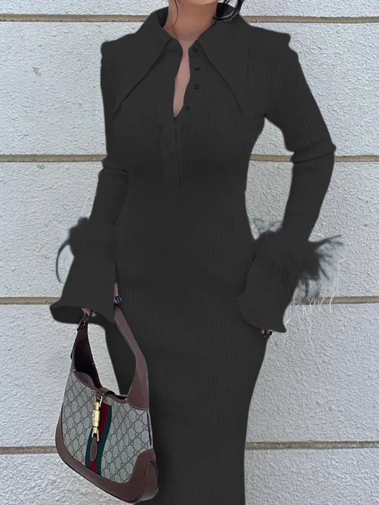 Autumn & Winter New Women’s Fashion Polo Neck Feather Long Pit Stripe Dress Elegant & Beautiful Party Evening Dress