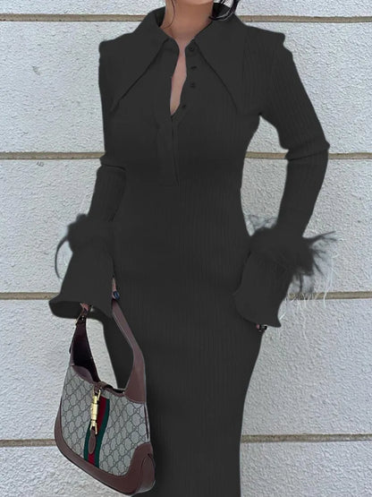 Autumn & Winter New Women’s Fashion Polo Neck Feather Long Pit Stripe Dress Elegant & Beautiful Party Evening Dress