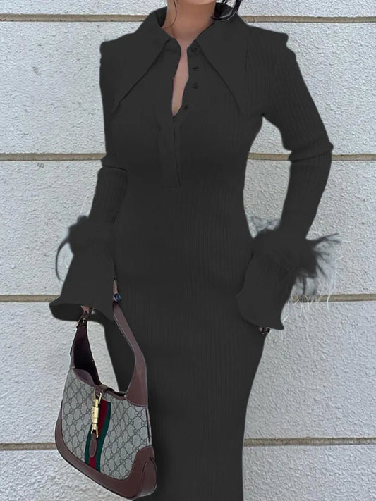 Vestido elegante y bonito de noche para fiesta, otoño e invierno, con cuello polo y plumas, largo a rayas, para mujer