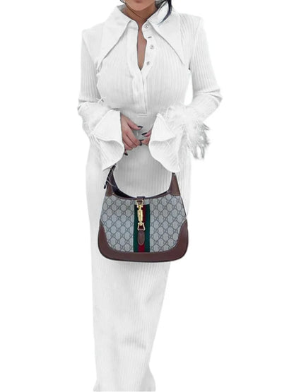 Autumn & Winter New Women’s Fashion Polo Neck Feather Long Pit Stripe Dress Elegant & Beautiful Party Evening Dress