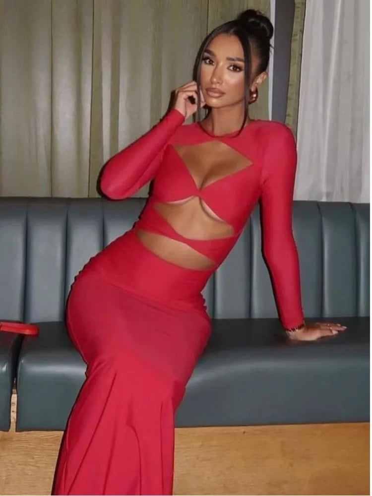 Vestido ajustado de manga larga con aberturas para mujer, elegante, sexy, para fiesta y noche, para otoño e invierno