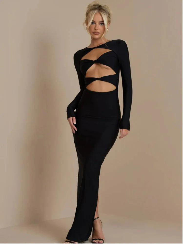 Vestido ajustado de manga larga con aberturas para mujer, elegante, sexy, para fiesta y noche, para otoño e invierno