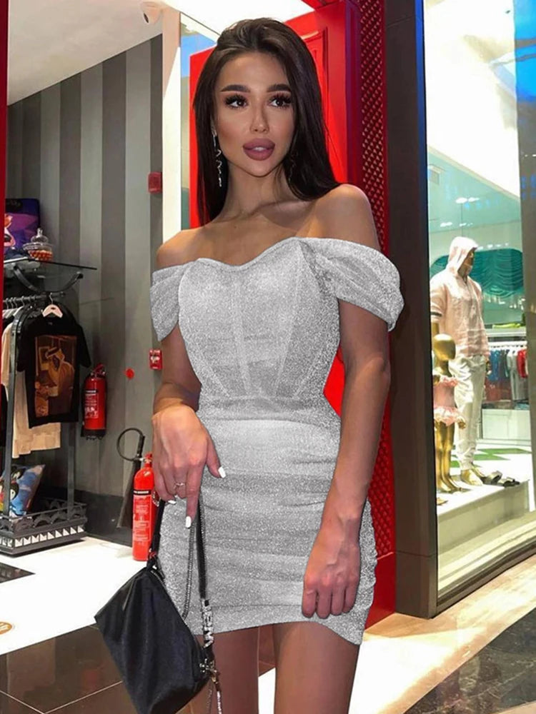 Bright Silk Off Shoulder Pleated Dresses Sexy Short Sleeve Elastic Waist Women Clothing Strapless Backless Sheath Dress