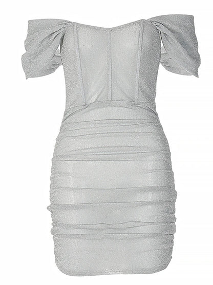 Bright Silk Off Shoulder Pleated Dresses Sexy Short Sleeve Elastic Waist Women Clothing Strapless Backless Sheath Dress