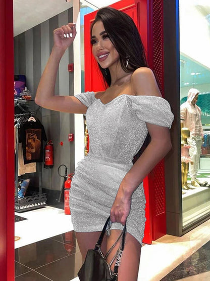 Bright Silk Off Shoulder Pleated Dresses Sexy Short Sleeve Elastic Waist Women Clothing Strapless Backless Sheath Dress