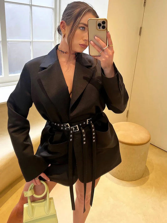 Blazer ajustado de doble capa con vendaje para mujer, chaqueta larga con bolsillo y manga larga, traje para mujer, prendas de vestir exteriores, tops para fiesta callejera de otoño