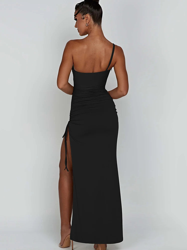 Vestido largo ajustado con abertura alta y cordón para mujer, sexy, de un solo hombro, elástico, ajustado, para fiesta, plisado