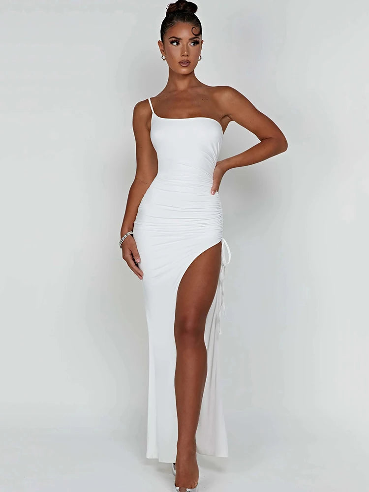 Vestido largo ajustado con abertura alta y cordón para mujer, sexy, de un solo hombro, elástico, ajustado, para fiesta, plisado