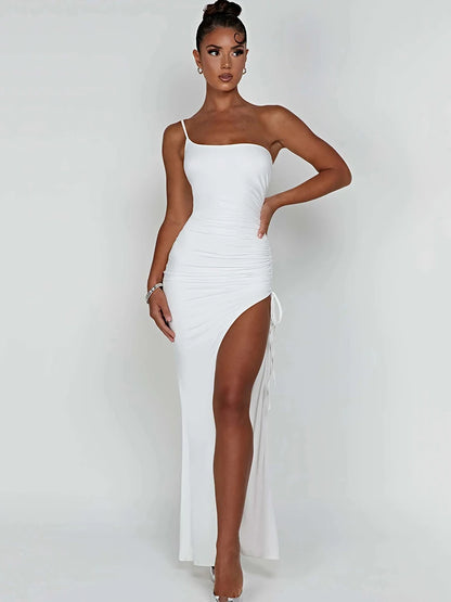 Vestido largo ajustado con abertura alta y cordón para mujer, sexy, de un solo hombro, elástico, ajustado, para fiesta, plisado
