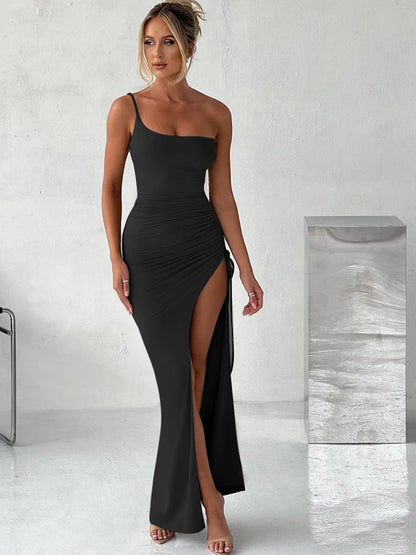 Vestido largo ajustado con abertura alta y cordón para mujer, sexy, de un solo hombro, elástico, ajustado, para fiesta, plisado