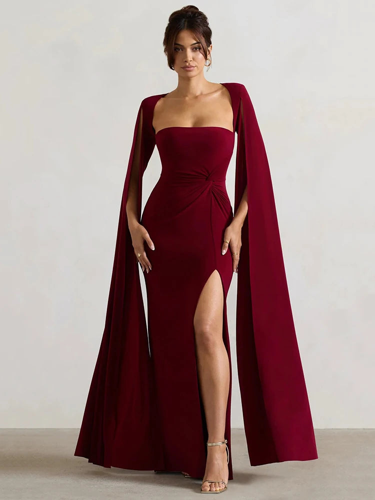 Elegant Bodycon High Slit Long Sleeved Shawl Women Dress Elasticity Tight Sexy Party Club Evening Dress Female Vestido