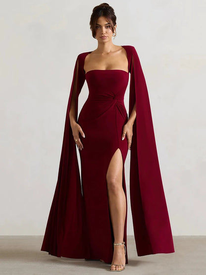 Elegant Bodycon High Slit Long Sleeved Shawl Women Dress Elasticity Tight Sexy Party Club Evening Dress Female Vestido
